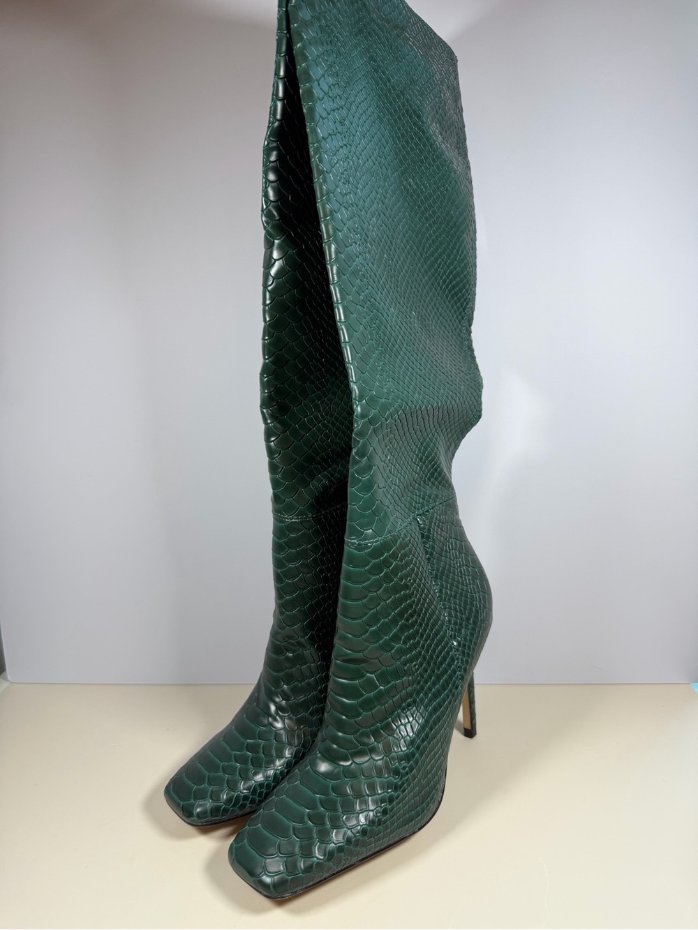 Aldo Dark Green Snake-Embossed Knee-High Stiletto Boots